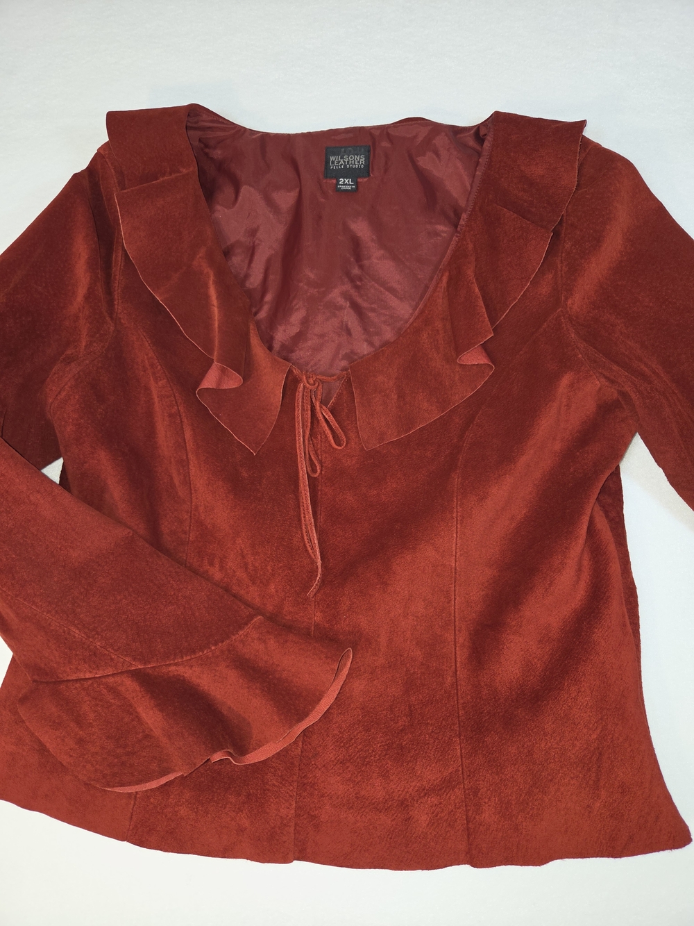 Wilsons Leather Pelle Studio Genuine Suede Ruffle Top Jacket Rust Red 2XL XXL